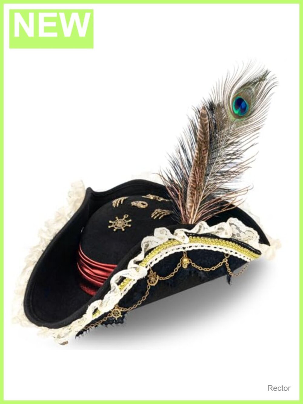 Pirate Costume Hat Steampunk Renaissance Tricorn with Feather Lace